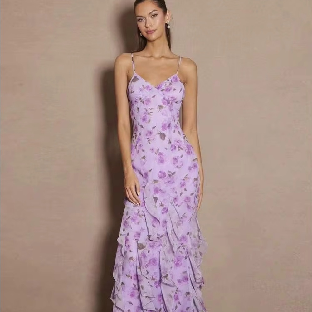 Purple Floral Print Ruffle Hem Maxi Slip Dress